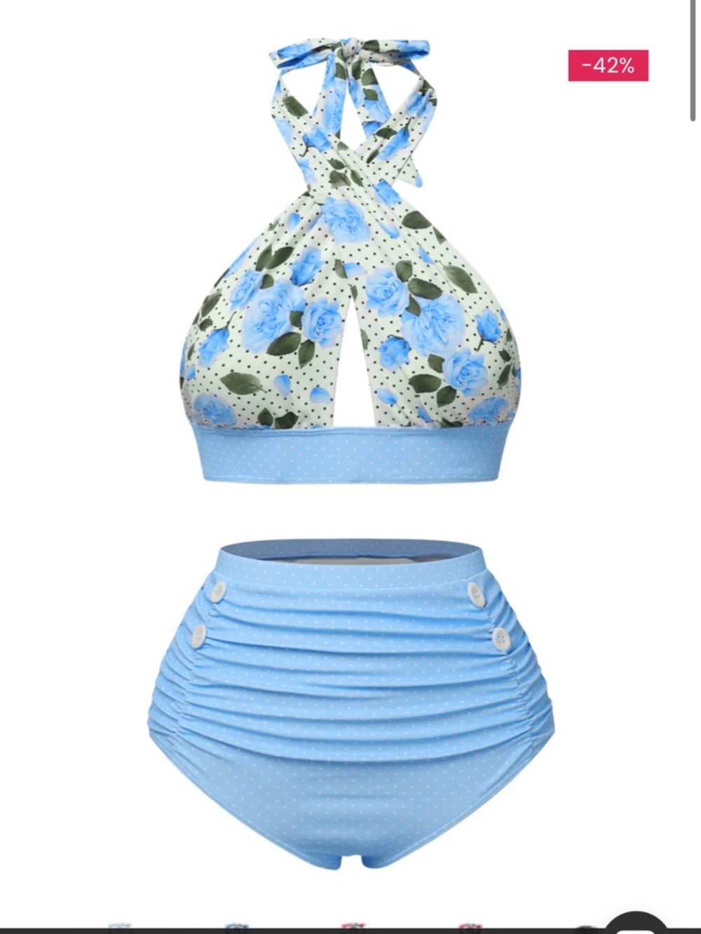 Retro Stage Vintage High-Waist Blue Floral Halter Bikini